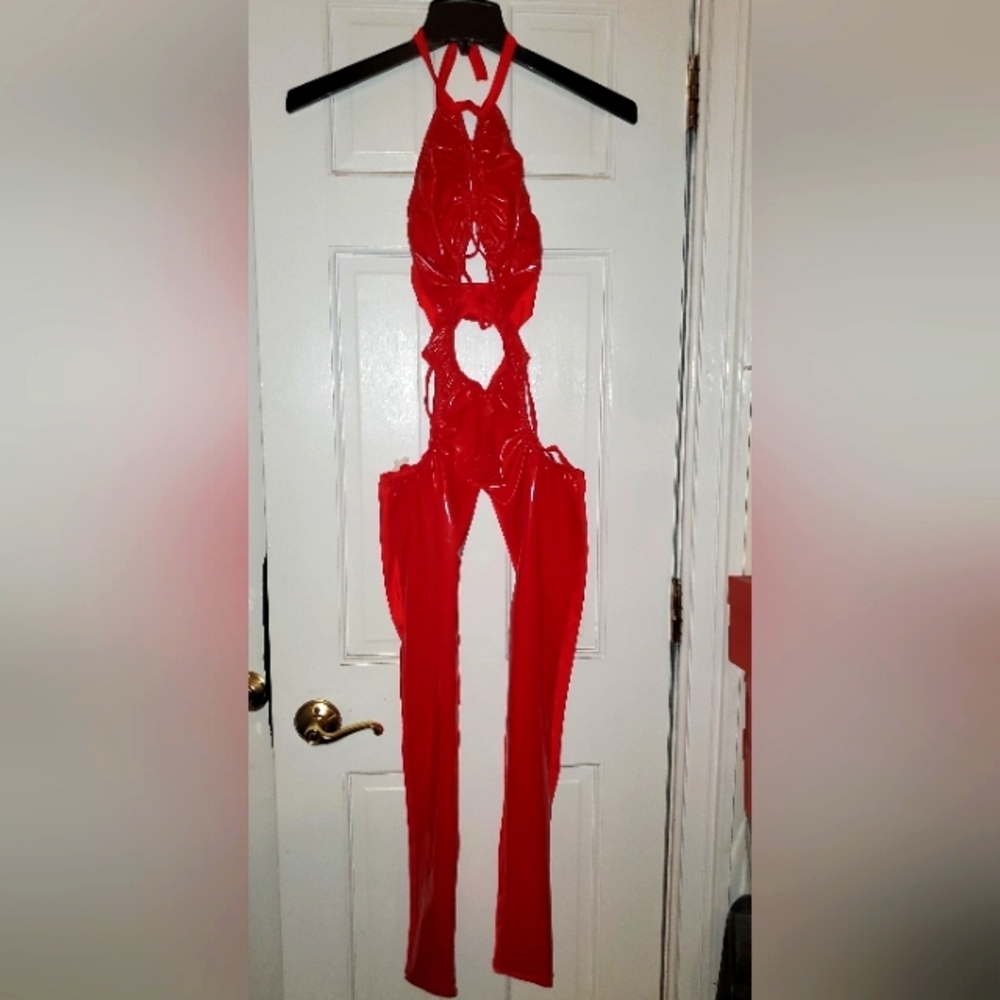 Bartender dancer Outfit Red Latex Glossy in the front lace up front and hips S